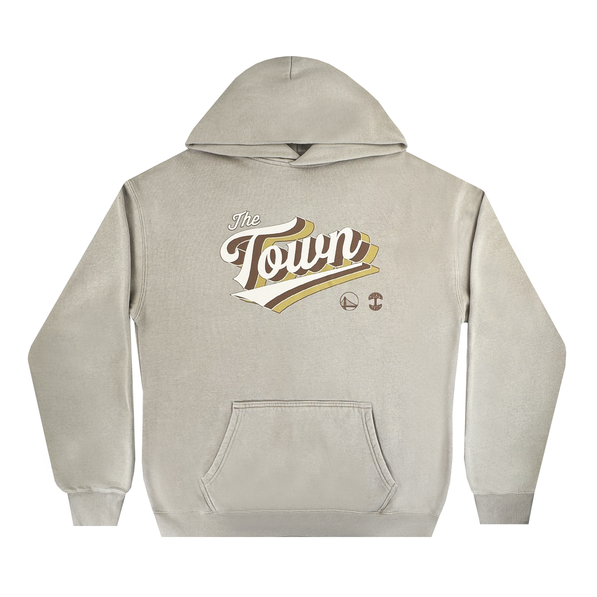 The GSW Vintage Swash Hoodie in light beige from the Town Collection features a front pouch pocket, "The Town" in bold white and gold lettering across the chest, and two small round logos below—perfect for Golden State Warriors fans.