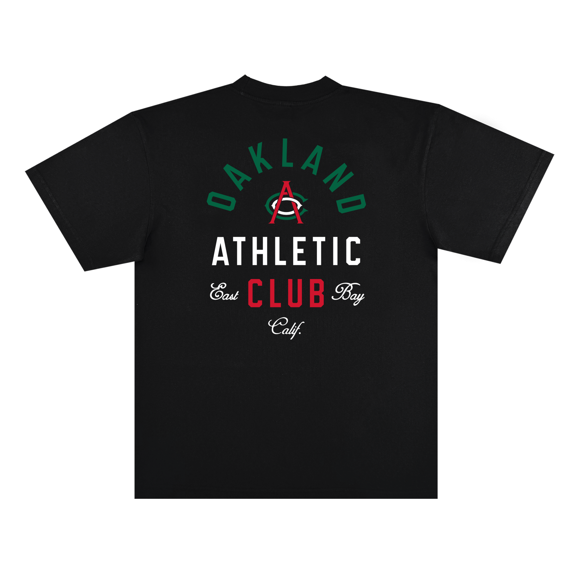 The Viva OAC Tee by OAC is a black, classic fit t-shirt crafted from heavy-weight cotton. The back showcases “OAKLAND ATHLETIC CLUB” and “East Bay Calif.” in green, white, and red fonts, highlighted by a large red “A” with a green arc centered among the text.