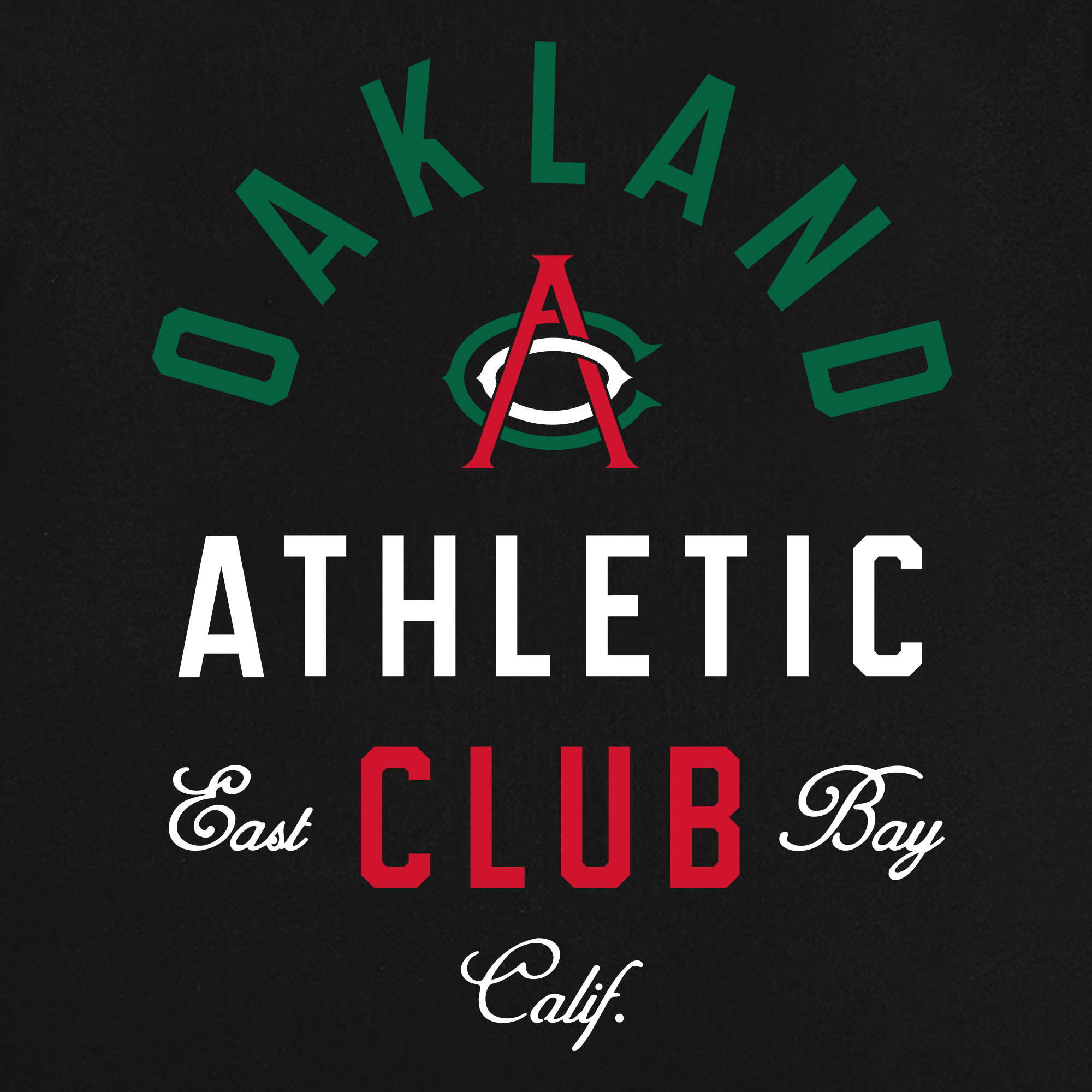 Text on black background: “OAKLAND” in green block letters, with an overlapping green “A” and “C” at the center. Above, “ATHLETIC” appears in bold white, while “East Bay” is written beneath it in white script; below this, “CLUB” stands out in bold red. The word “Calif.” is displayed underneath in crisp white script. Inspired by the legendary Oakland Athletic Club, this Viva OAC Tee from OAC captures classic East Bay spirit.