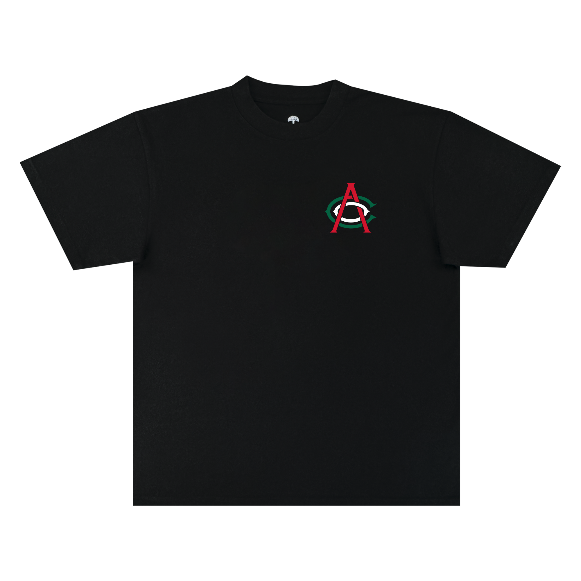 The OAC Viva OAC Tee is a black, short-sleeve classic fit t-shirt crafted from heavyweight cotton. It features a subtle design on the left chest: a small red “A” overlapping a green “C” inside a white oval—a nod to the Oakland Athletic Club—set against an otherwise plain black background, with no additional graphics or text.