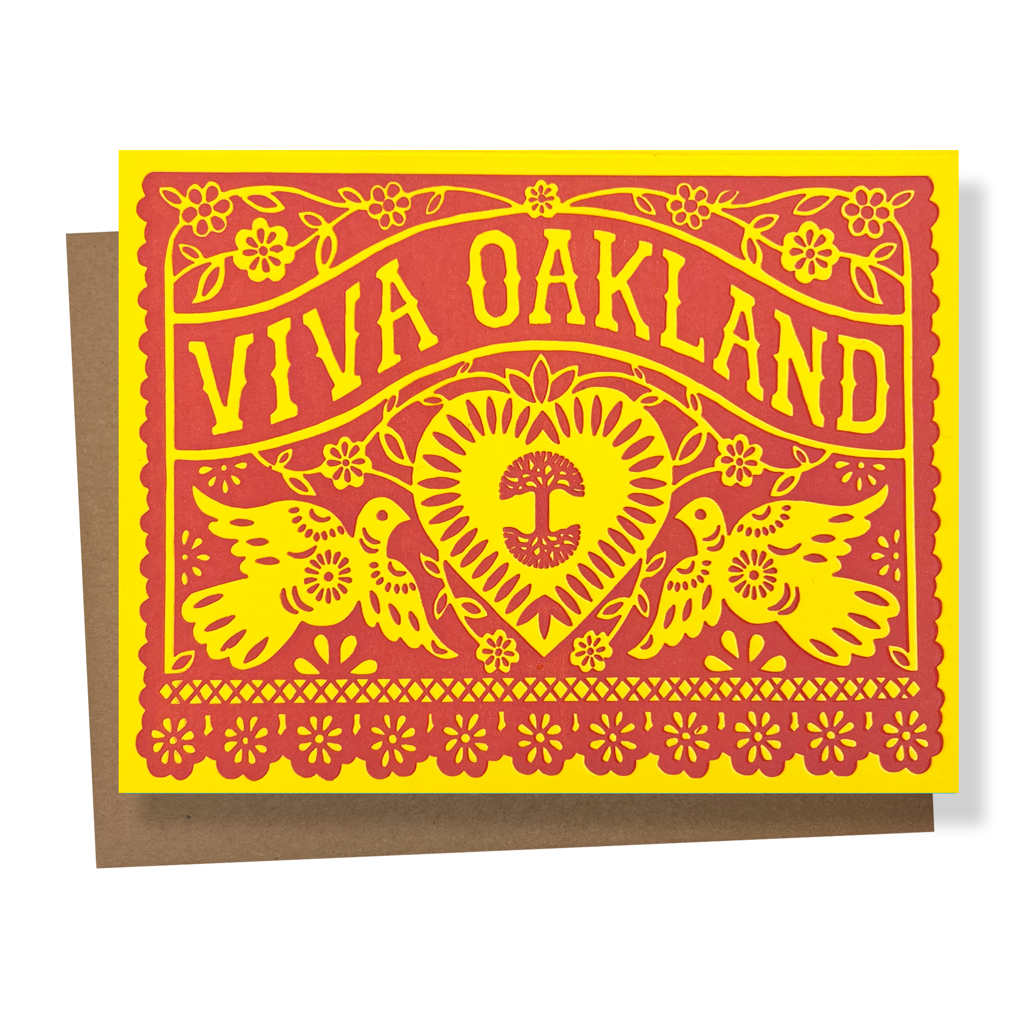 Red and yellow VIVA OAKLAND greeting card with brown envelope.