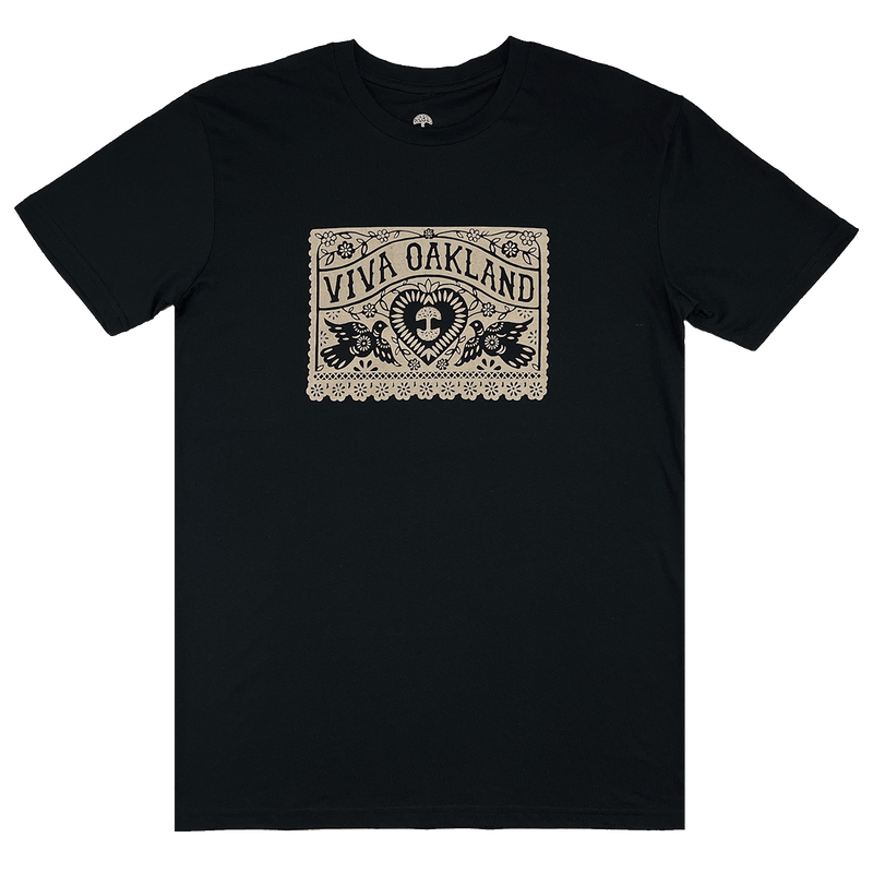 Black t-shirt with intricate lace gold Viva Oakland graphic on the front chest.