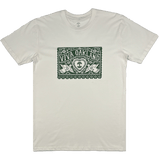 Natural cotton-colored t-shirt with intricate lace green Viva Oakland graphic on the front chest.