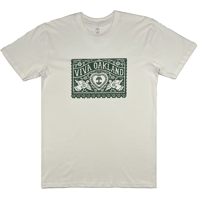 Natural cotton-colored t-shirt with intricate lace green Viva Oakland graphic on the front chest.