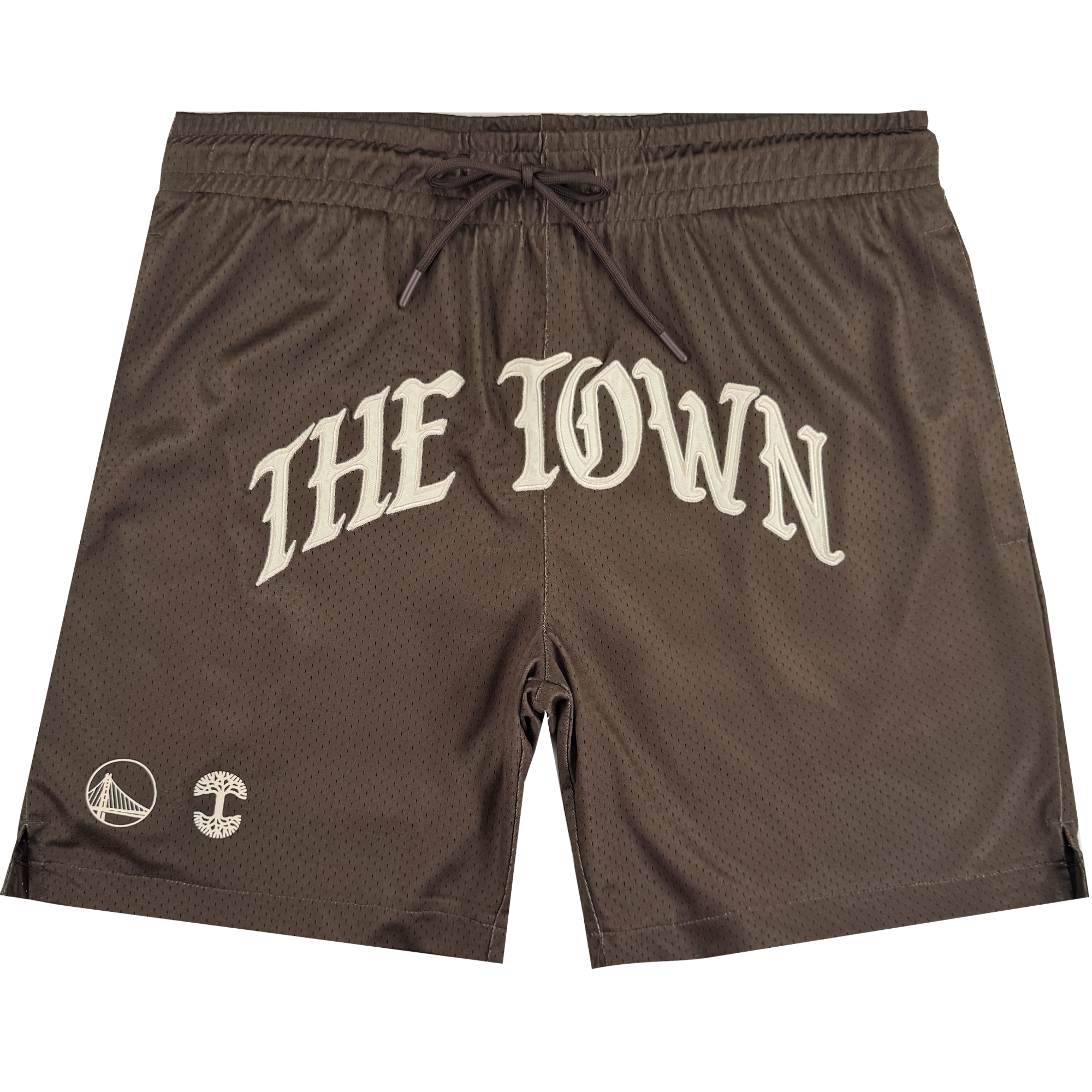 The GSW Arched Black-Letter Shorts feature bold white “THE TOWN” lettering, Golden Gate Bridge and circle logos, plus an elastic waistband with black drawstring—an Oaklandish collaboration staple.