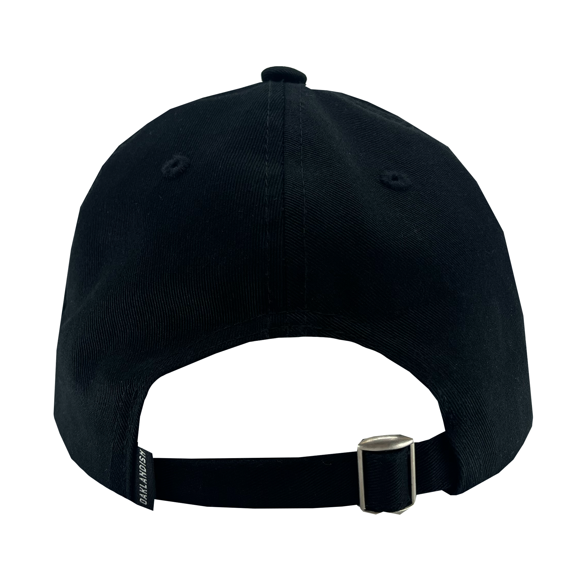 Back view of the Oaklandish WPBA Dad Hat. The black baseball cap features a curved brim and an adjustable strap with a metal buckle for size adjustment. The fabric has a slightly textured finish. There is a small fabric tag near the buckle with the text "BALR. BLACKOUT" written on it, celebrating women's sports empowerment.