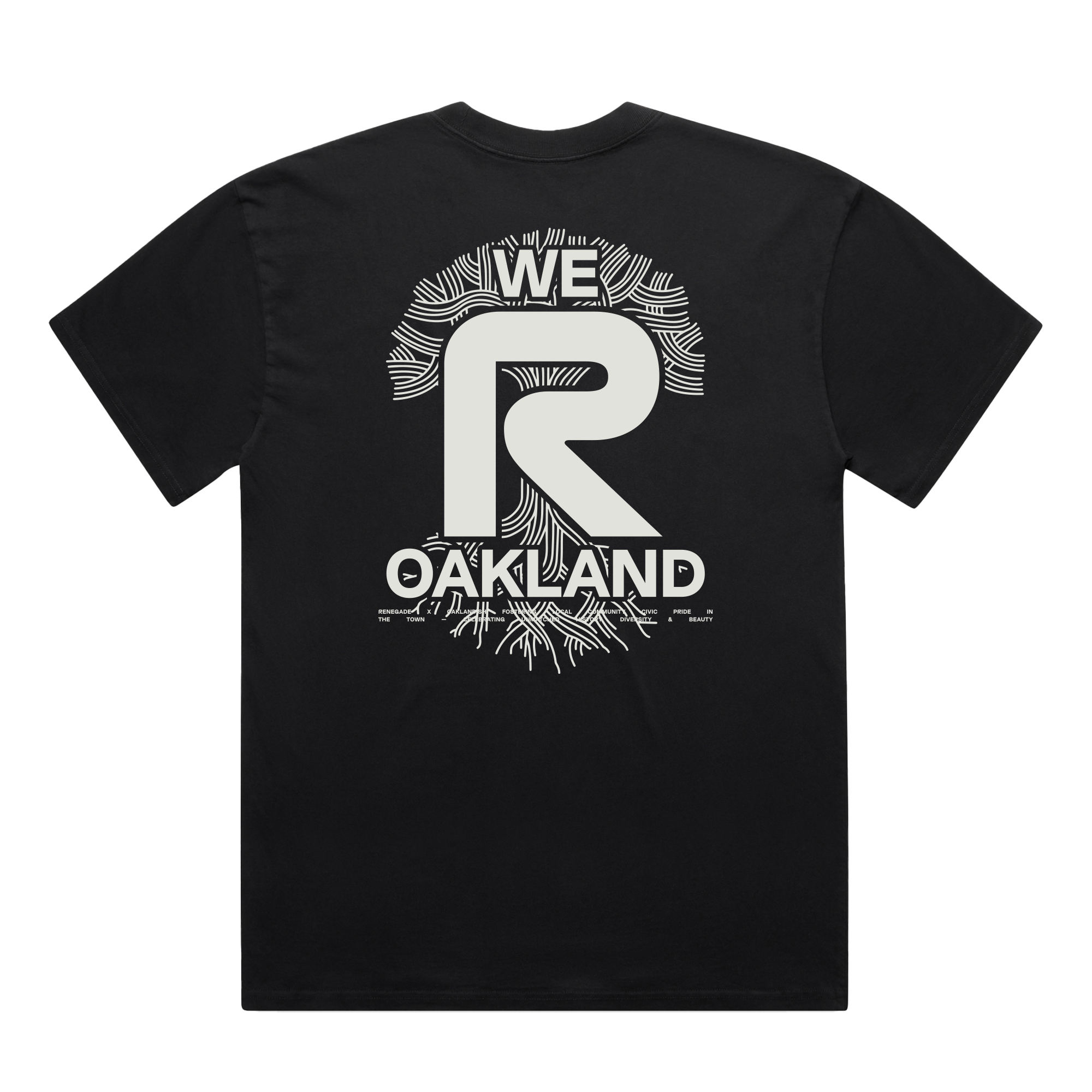 The Oaklandish We R Oakland Tee is a black classic fit shirt with a bold white “WE R OAKLAND” design and dynamic radiating lines on the back, inspired by the running community and Renegade Running spirit.