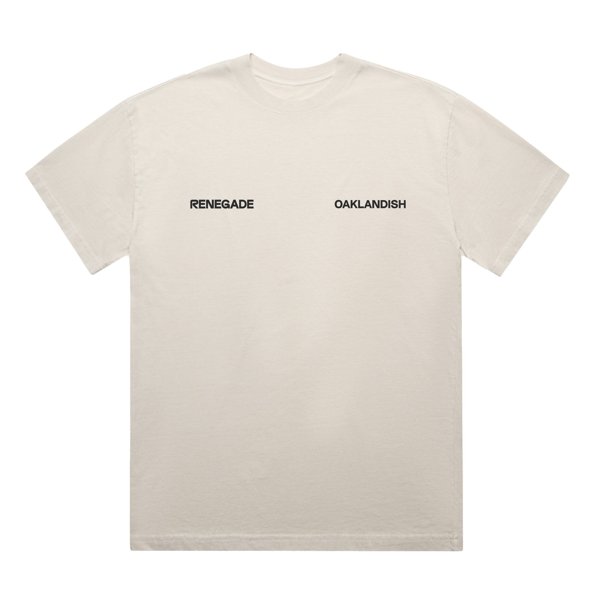 The Oaklandish We R Oakland Tee is a classic fit, light beige t-shirt shown laid flat. Small black text reads "RENEGADE" on the left chest and "OAKLANDISH" on the right, celebrating Oakland’s running community. No other graphics are visible.