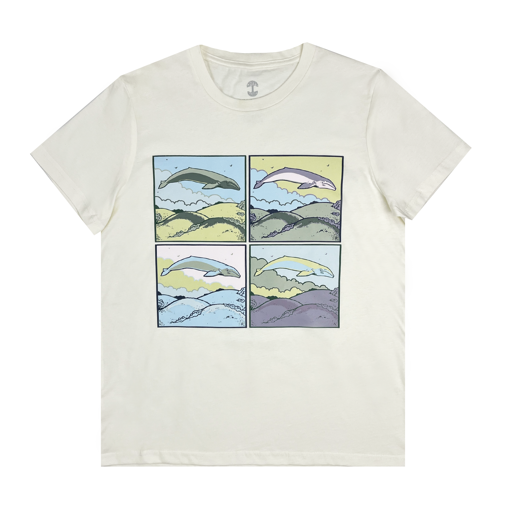 Front view of women's cotton t-shirt in with whale dreams design , natural.