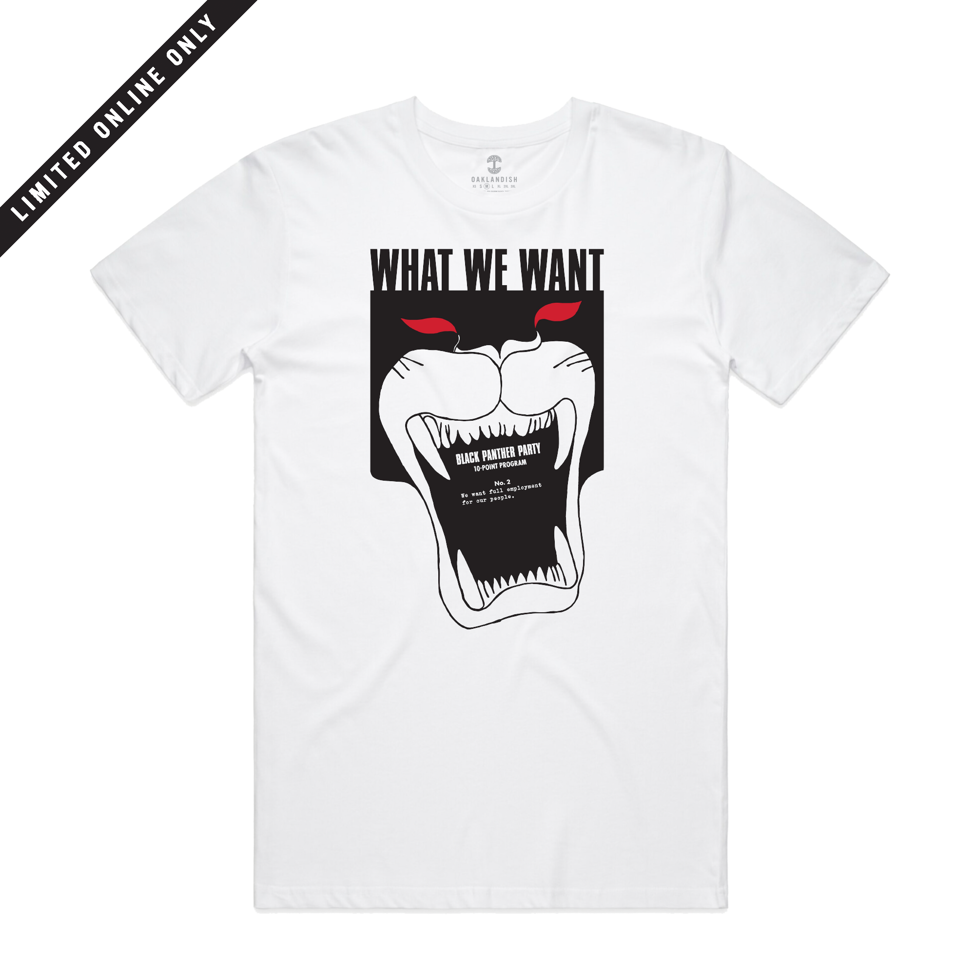 Front view of white cotton tee with image of a What Want : 10 Point Platform # 2