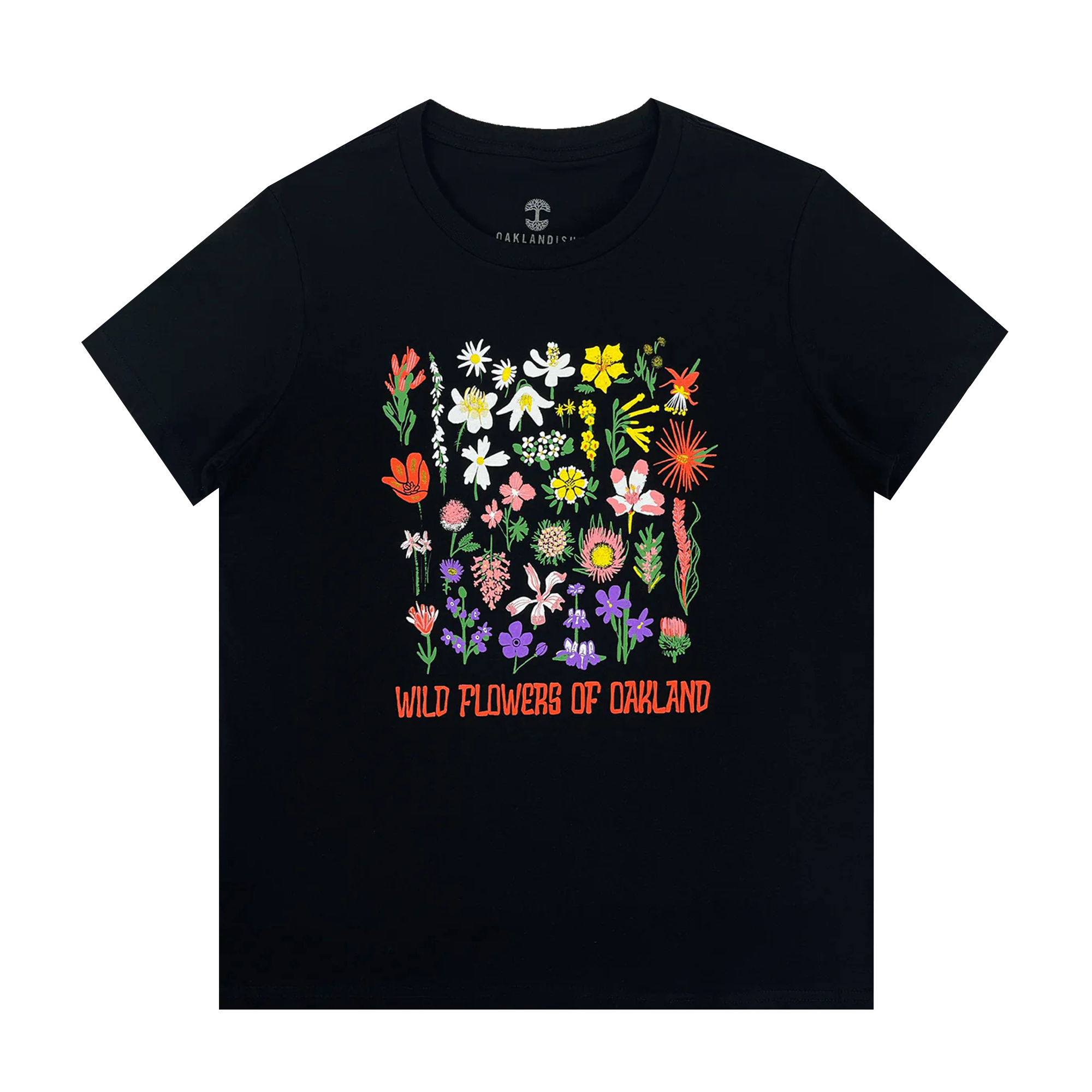 Front view of a black women’s cut cotton-color t-shirt with a graphic depicting various wildflowers captioned WILD FLOWERS OF OAKLAND.
