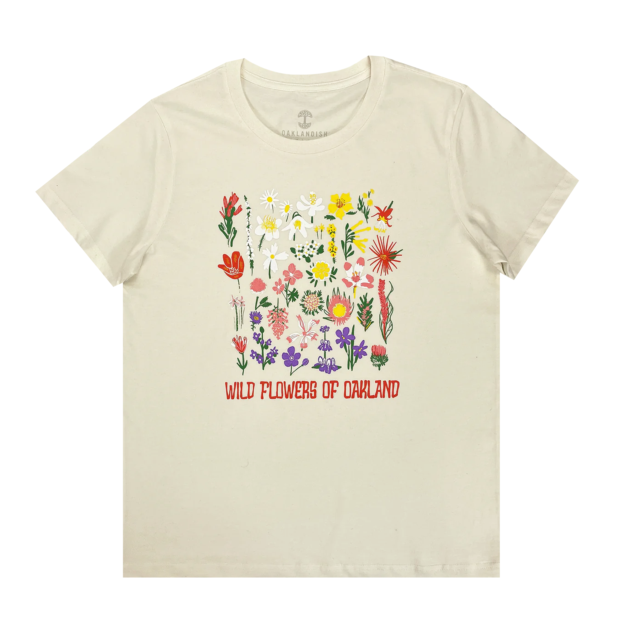 Front view of a natural-cotton colored women’s cut t-shirt with a graphic depicting various wildflowers captioned WILD FLOWERS OF OAKLAND.