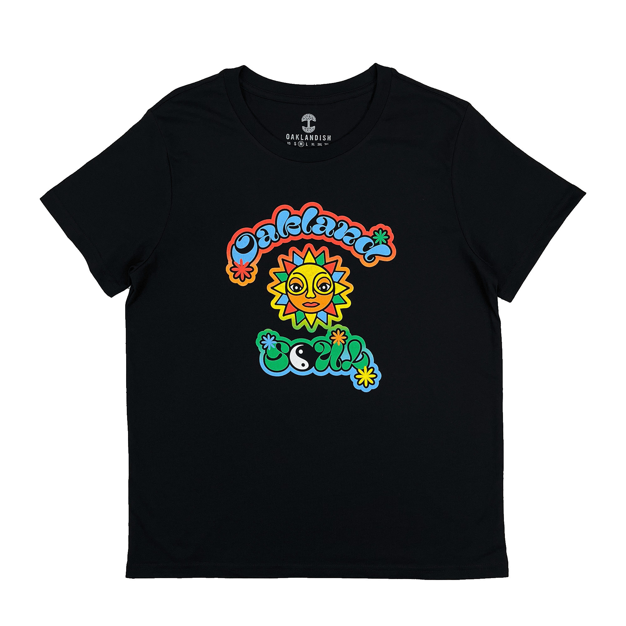 The Women's Soul of the Town Tee features a colorful, playful sun face design on a black T-shirt with "Oakland" in orange and "Soul" in blue, green accents, and floral elements. Celebrating Oakland Soul from the USL W-League, it features "Oaklandish" inside the collar.