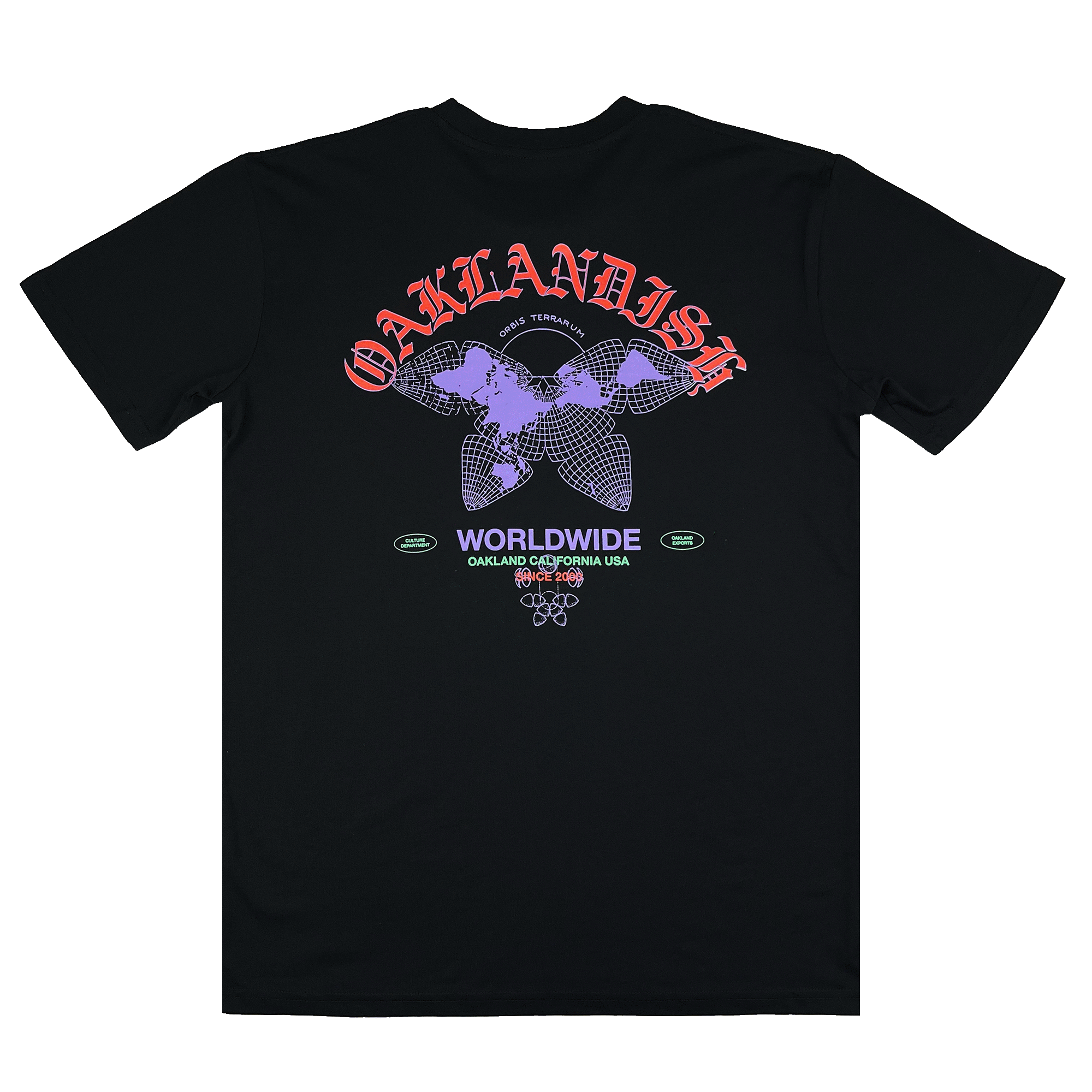 The backside of a black t-shirt with a large red, purple, and green Oaklandish worldwide graphic.