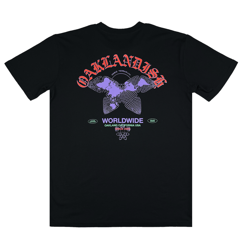 The backside of a black t-shirt with a large red, purple, and green Oaklandish worldwide graphic.
