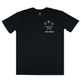 Front view of a black t-shirt with green and red Oaklandish worldwide graphic on the left chest wear side.