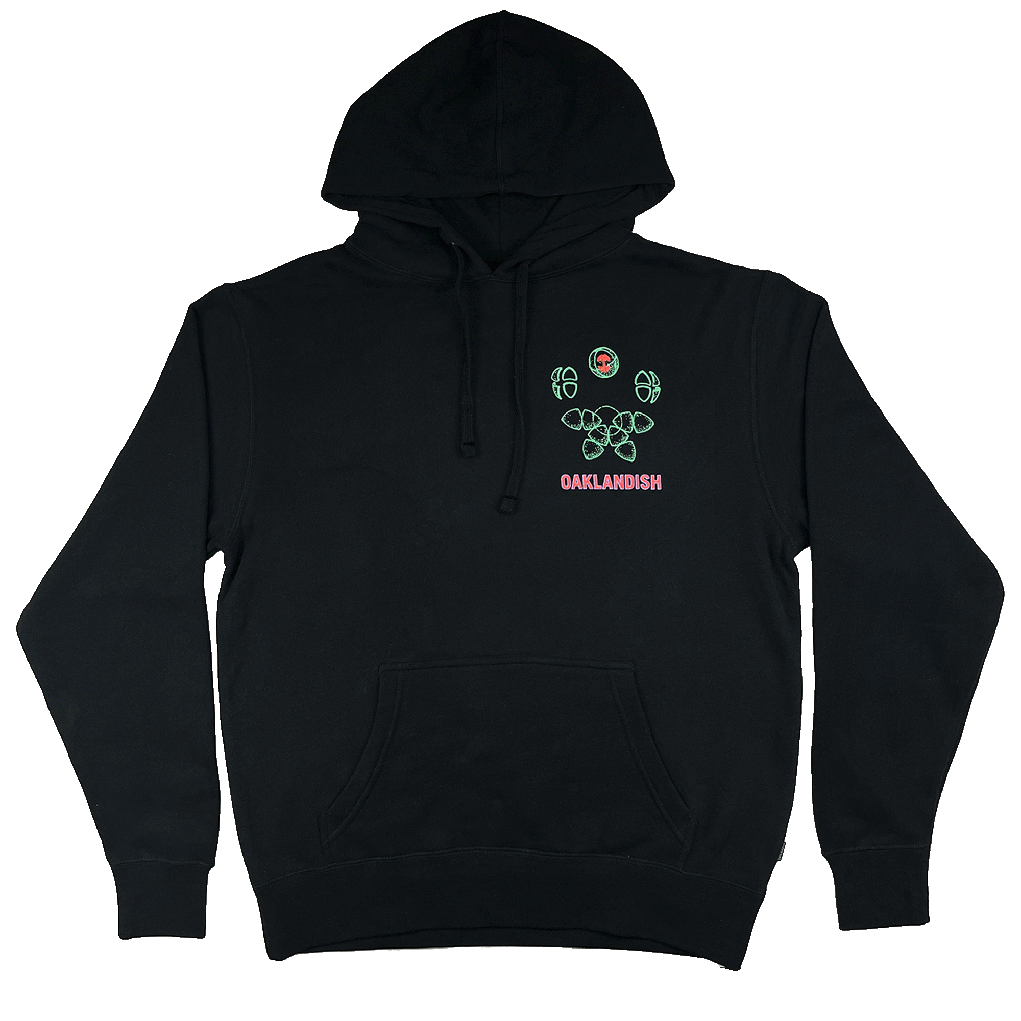 Front view of a black hoodie with green and red Oaklandish world wide graphic on the left chest wearside.