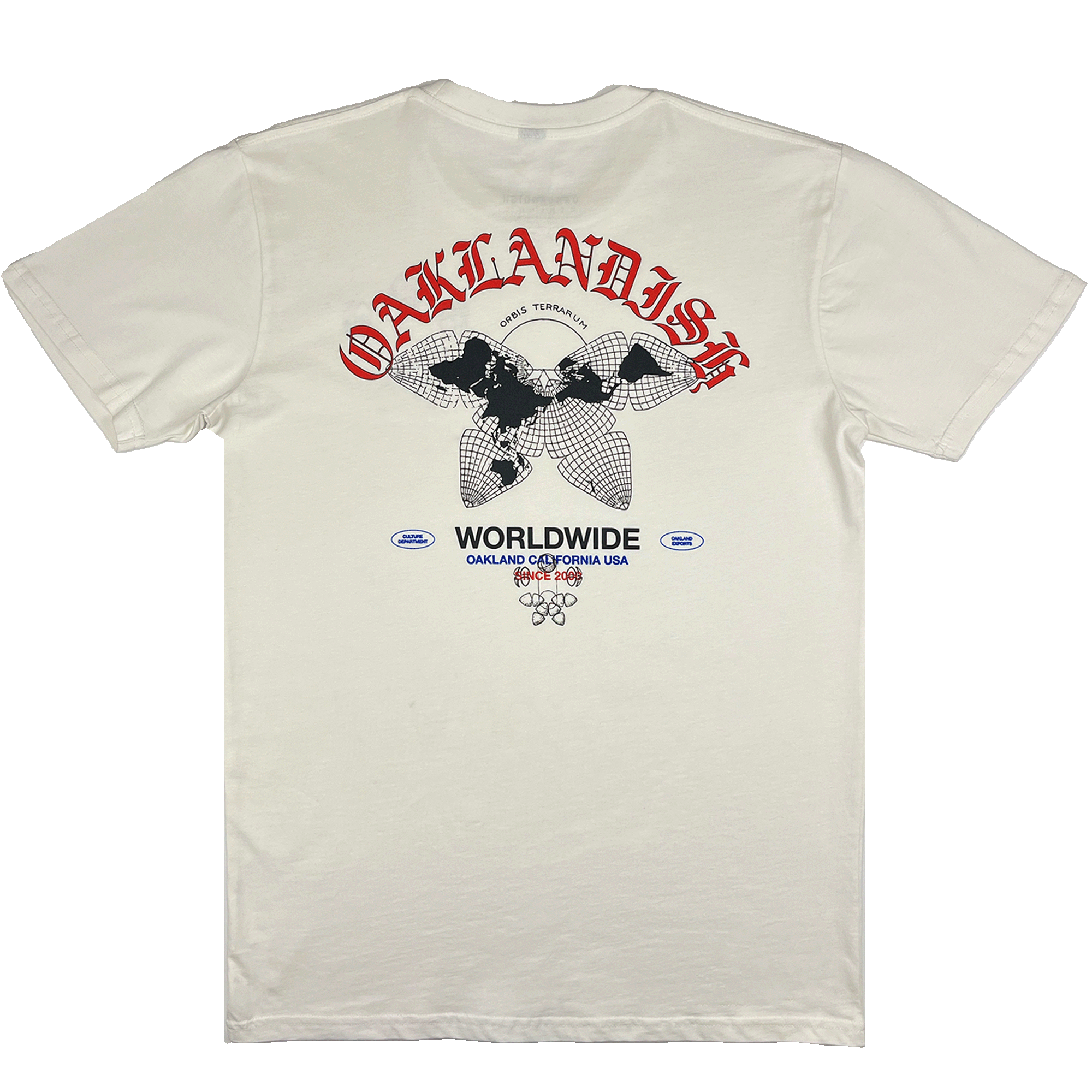 The backside of a natural cotton color t-shirt with a large Oaklandish worldwide graphic.