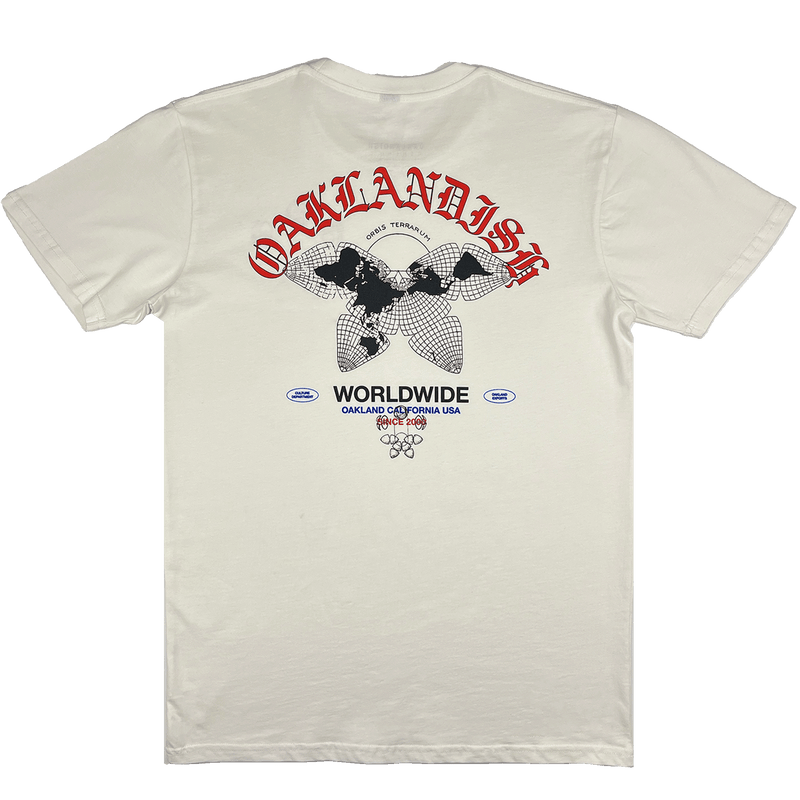The backside of a natural cotton color t-shirt with a large Oaklandish worldwide graphic.