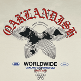Close-up of Oaklandish worldwide graphic on the back of a natural cotton-colored t-shirt.