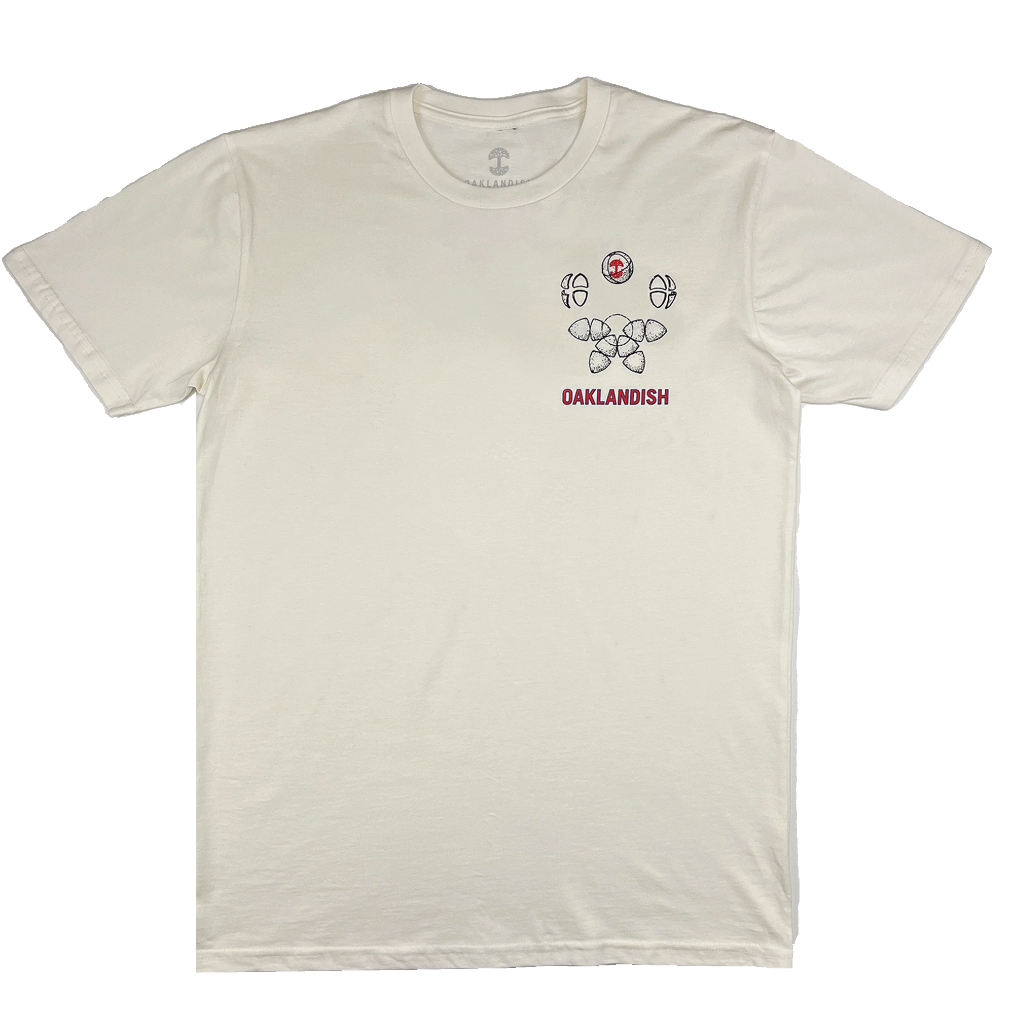 Front view of a natural cotton t-shirt with small Oaklandish worldwide graphic on the left chest wear side.