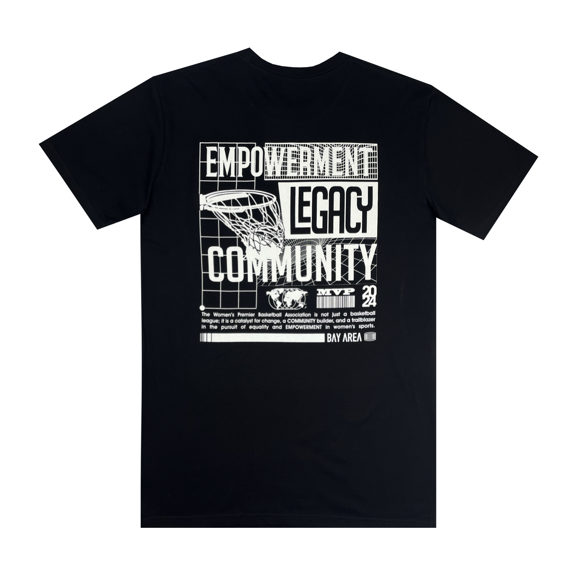 The Legacy Tee from Oaklandish is a black T-shirt adorned with a large graphic on the back. The design includes bold, uppercase words like "EMPOWERMENT," "LEGACY," and "COMMUNITY." It also features an illustration of a basketball hoop along with various smaller texts and logos that celebrate women's sports. The phrase "BAY AREA" is prominently displayed at the bottom.
