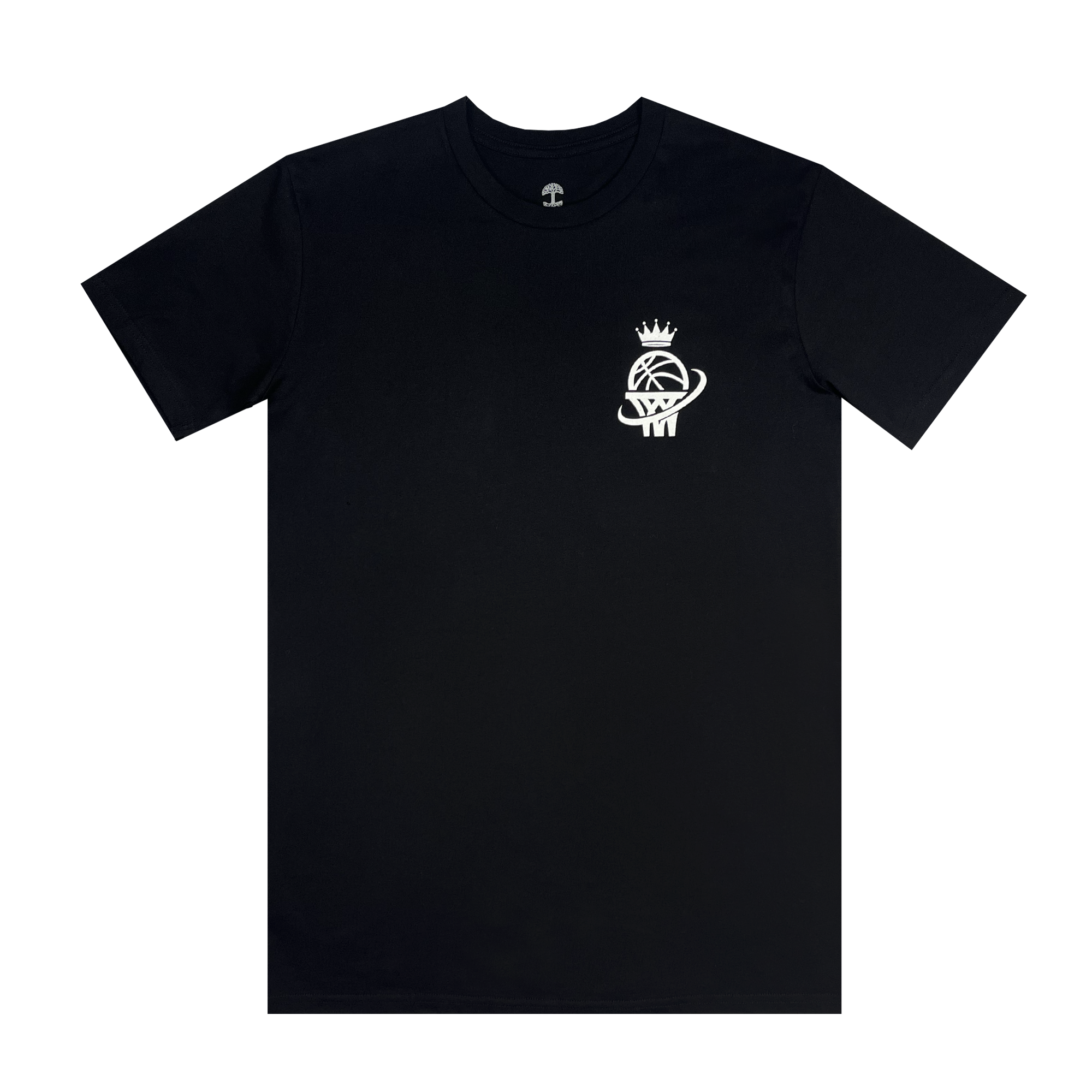 Introducing the "Legacy Tee" by Oaklandish, a sleek black t-shirt accented with a small white graphic on the left chest. The design features a basketball encircled by an orbit ring, crowned and accented with a skull element. Ideal for fans of women's sports, this tee is sure to make a statement against any backdrop.