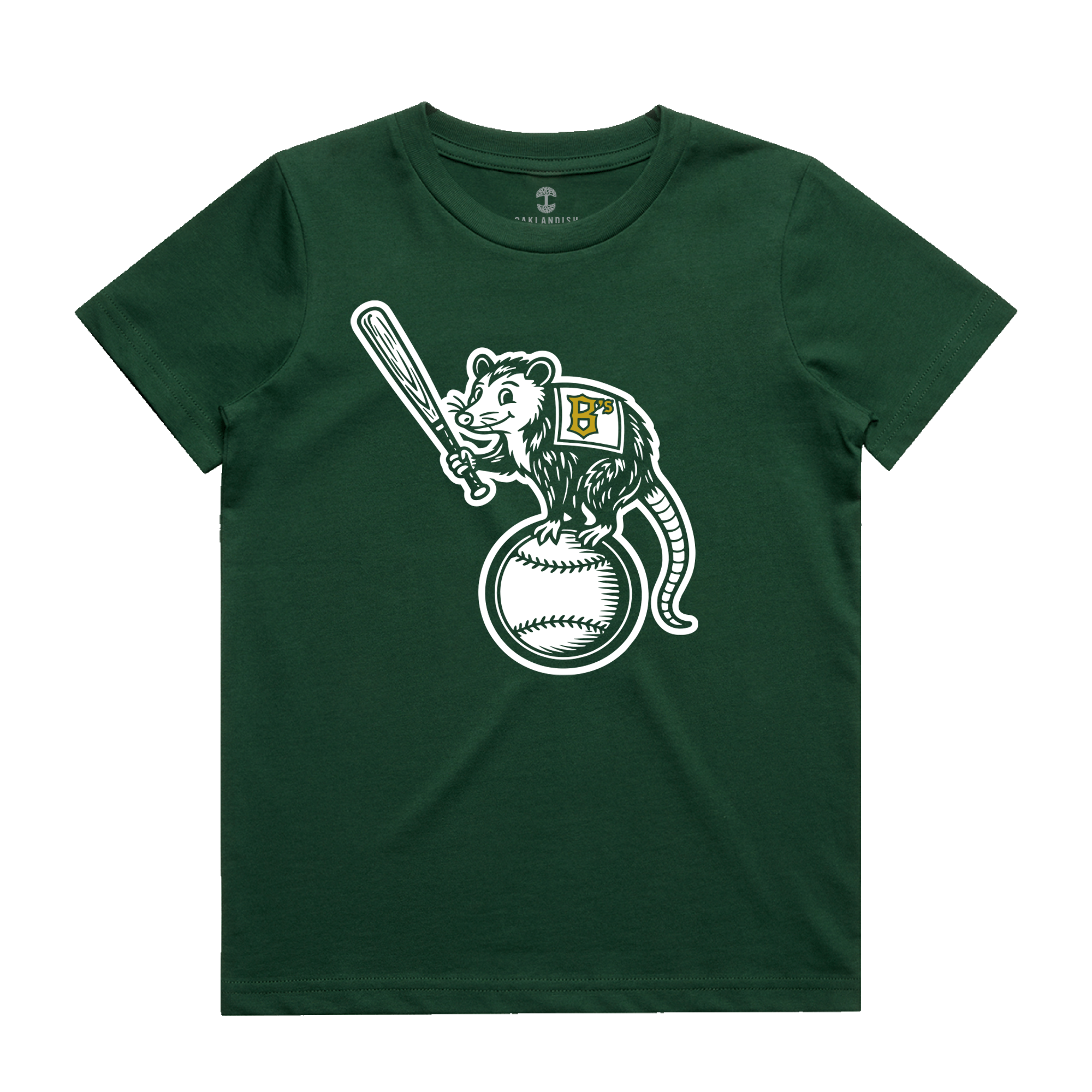The Oakland Ballers Youth Clutch Tee is a dark green t-shirt showcasing a cartoon opossum wearing a vest with a yellow-detailed white “B,” standing proudly on a large baseball and holding a bat—a fun tribute to the pro baseball team.