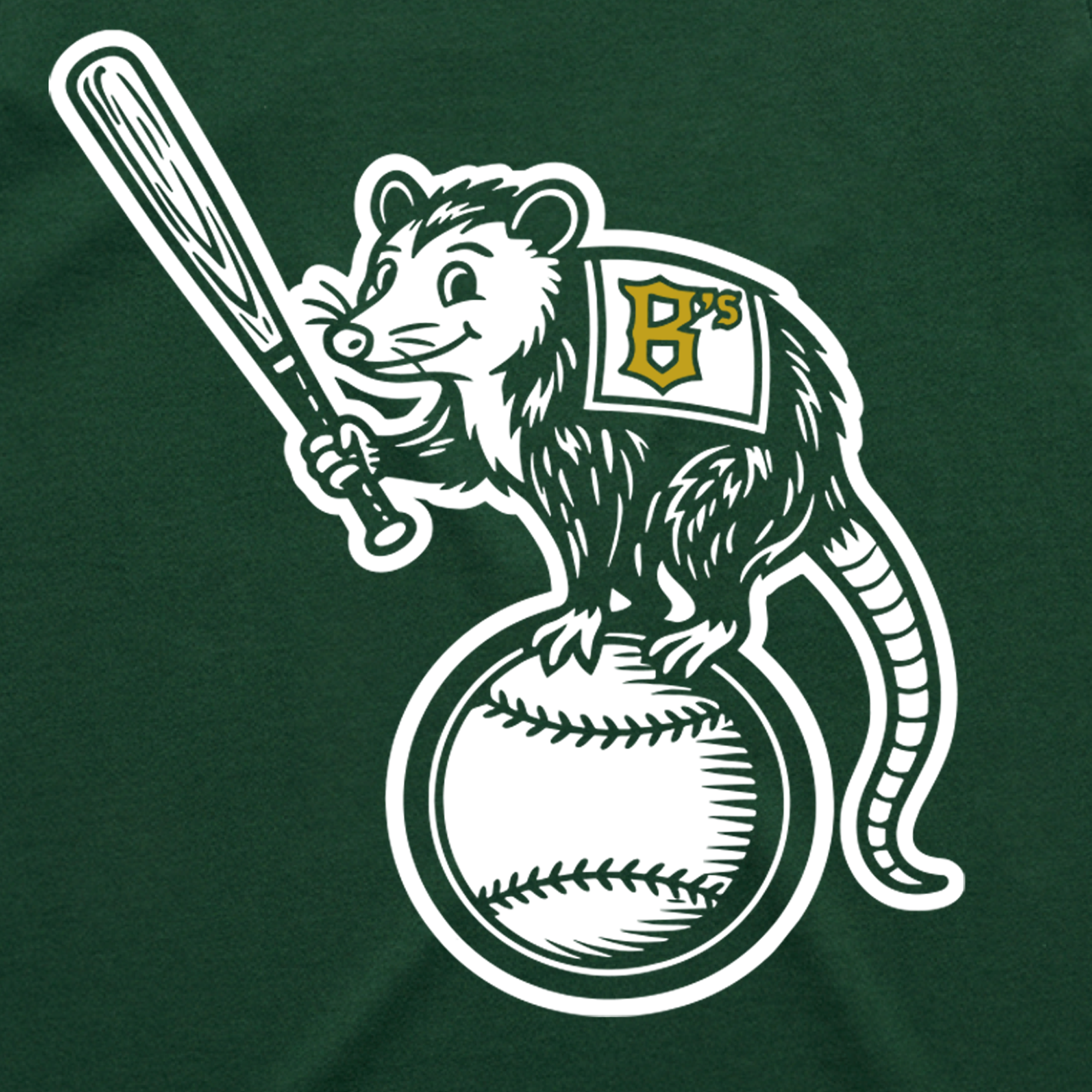 A cartoon opossum holding a baseball bat stands atop a large baseball, sporting a yellow and green “B’s” jersey to represent the Oakland Ballers pro baseball team. Set against a dark green background with white outlines and black accents, this playful design appears on the Youth Clutch Tee by Oakland Ballers.