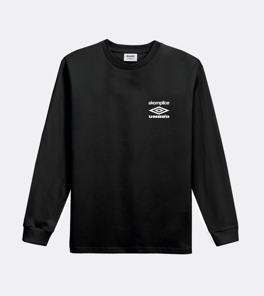Front image of black Umbro long sleeve with embroidered 'Akomplice Umbro' on wearer's front left chest.
