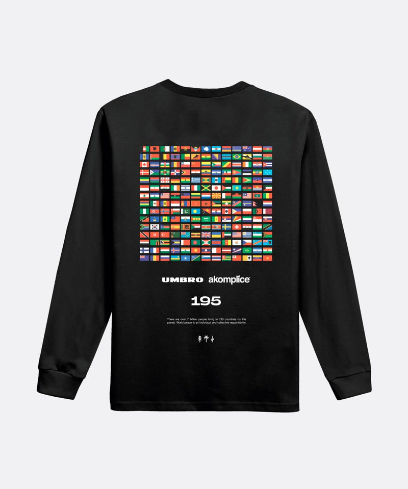 Back image of long sleeve black t-shirt with screen printed image of 195 flags from countries of the world text underneath graphic reads ' Umbro , Akomplice 195 there are over 7 billion people living in 195 countries on this planet. World peace is an individual and collective responsibility'.