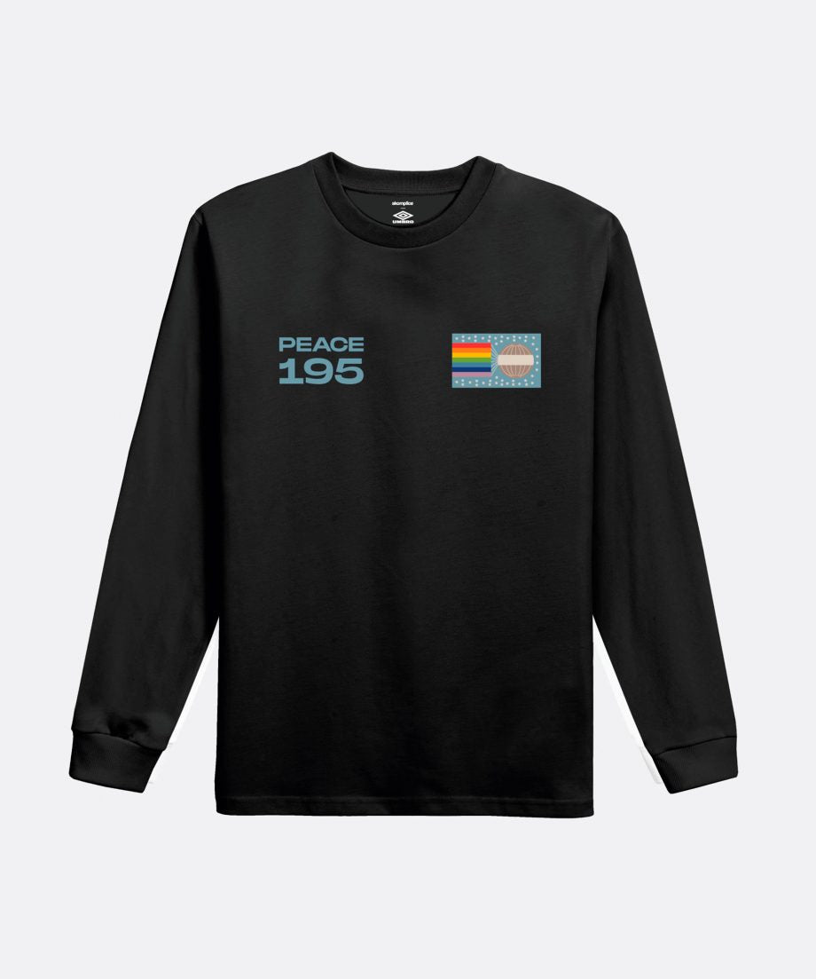 Long sleeve black t-shirt with screen printed 'Peace 195' on wearer's left chest and LGBTQ+ flag on wearer's right chest.