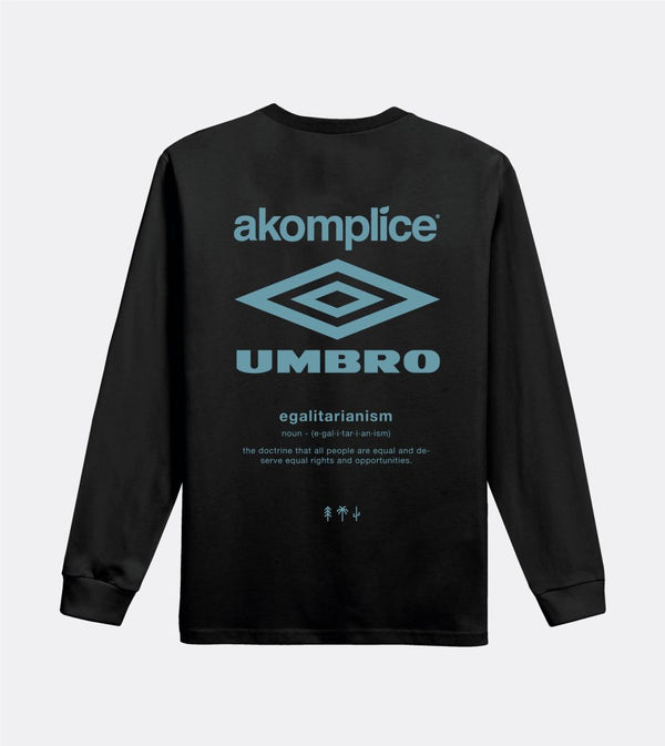 Back image of long sleeve black umbro t-shirt that reads ' Akomplice, Umbro. Egalitarianism , noun , the doctrine that all people are equal and deserve equal rights and opportunities'. 