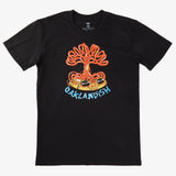 Black t-shirt with Oaklandish DJ crew graphic with a turntable, wires & Oaklandish wordmark in orange, yellow and blue.