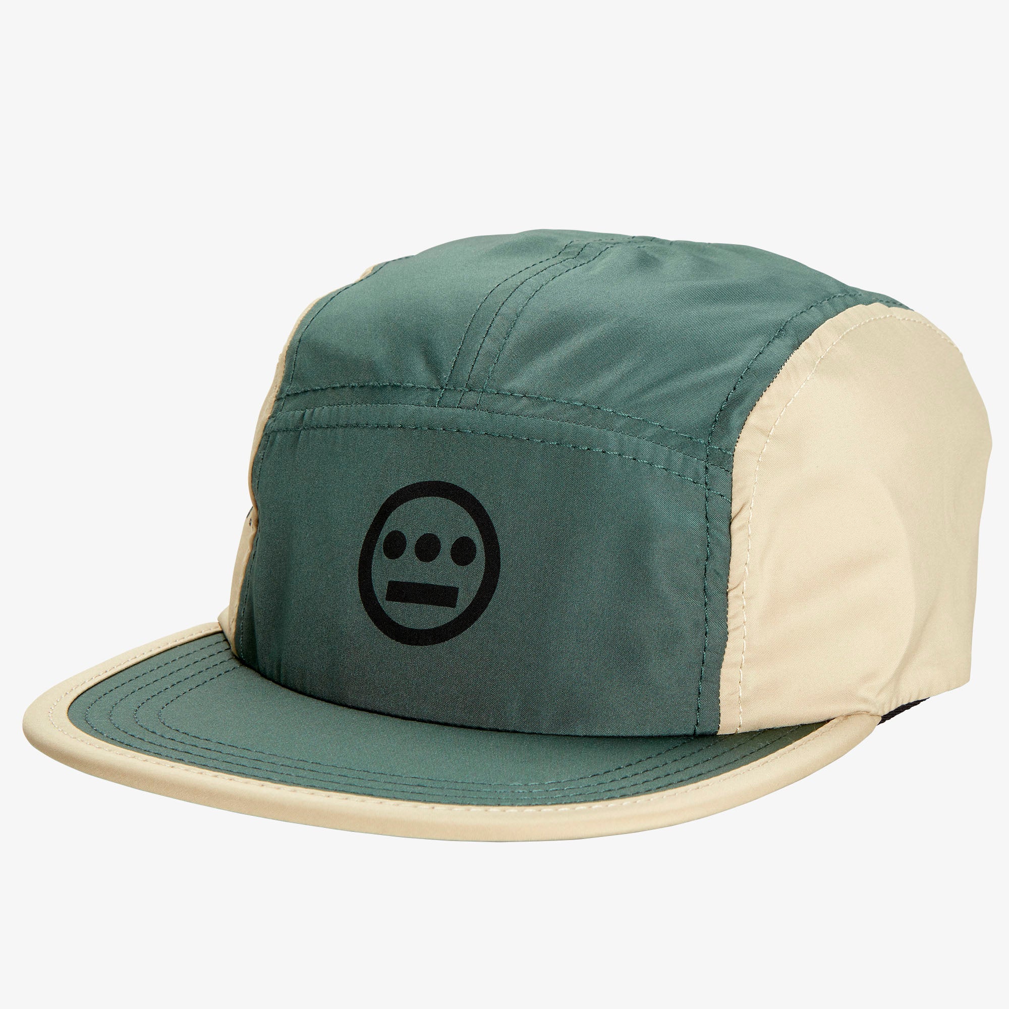 Baseball cap with olive green crown and khaki sides with black Hieroglyphics logo on crown.