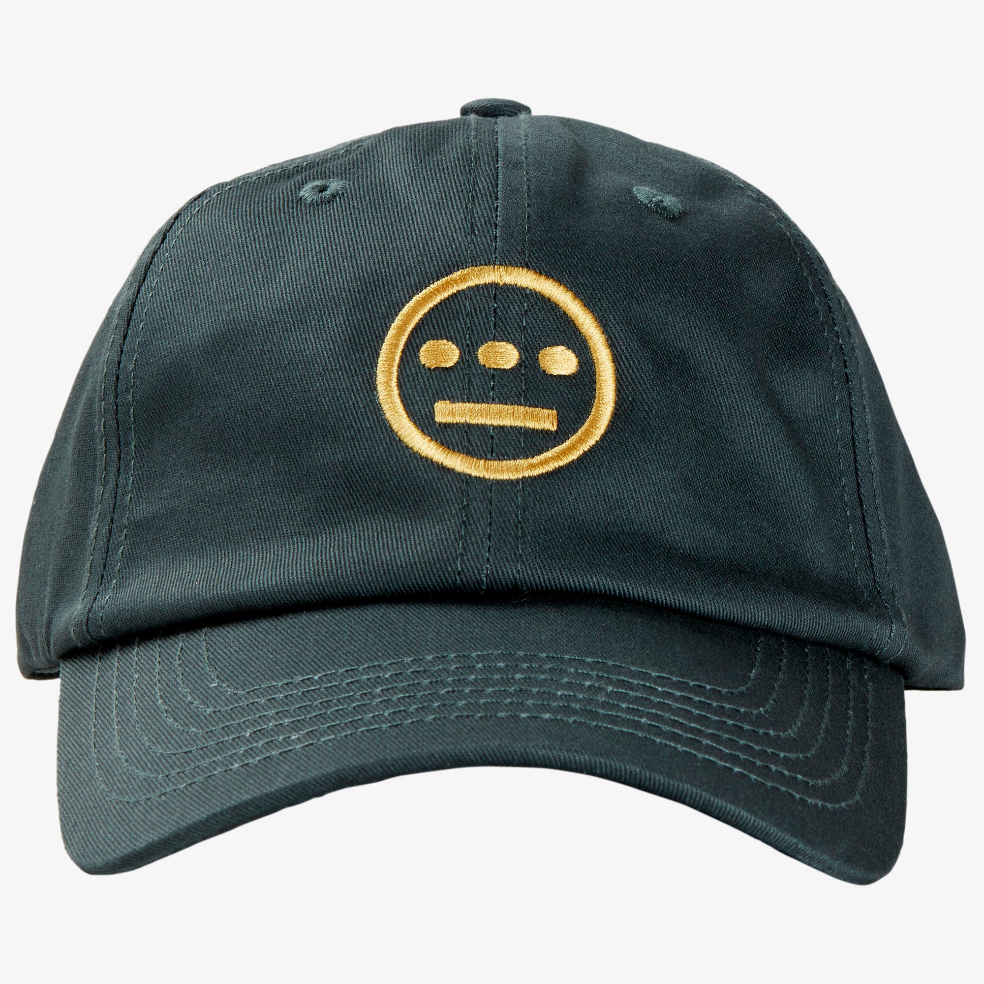 Forest green dad cap with gold embroidered Hiero hip-hop crew logo on crown.