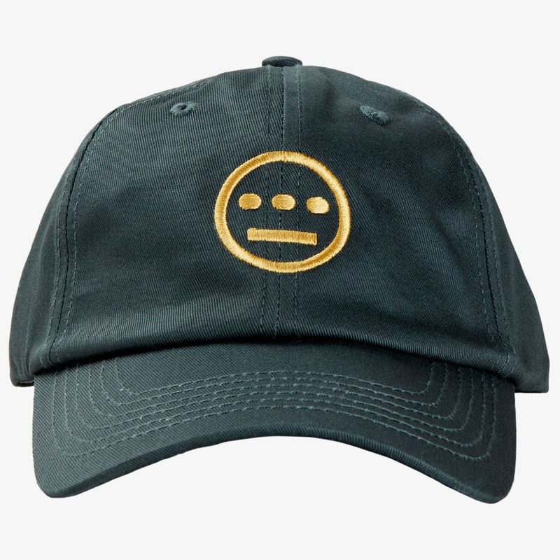 Forest green dad cap with gold embroidered Hiero hip-hop crew logo on crown.