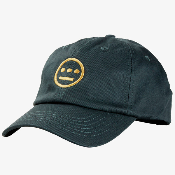 Side view of forest green dad cap with yellow embroidered Hiero hip-hop crew logo on crown. 