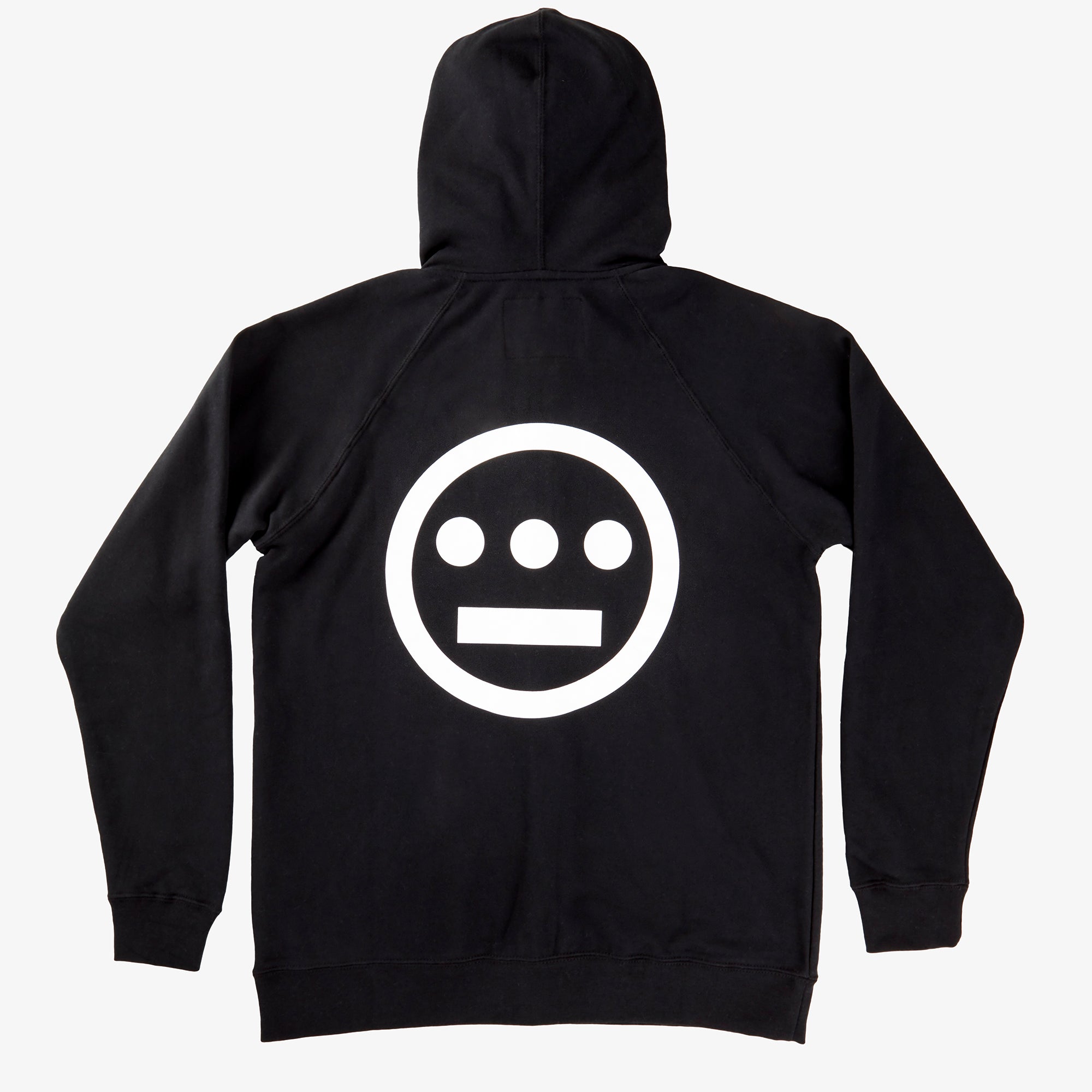Large white Hieroglyphics hip hop logo on the back of a black zip-up hoodie.