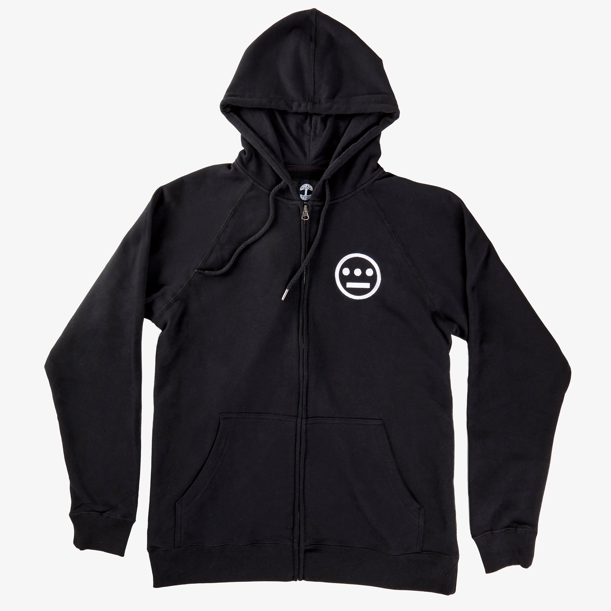 Black zip-up hoodie with white Hieroglyphics hip hop logo on left chest wear side.