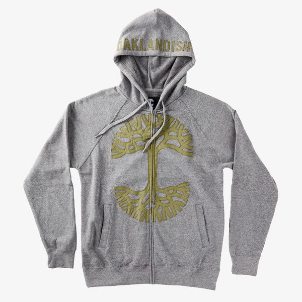 Grey zip-up hoodie with olive Oaklandish tree appliqué on the chest and olive Oaklandish wordmark on the hood.