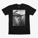 Black t-shirt with a picture of the East Bay bridge in Oakland.