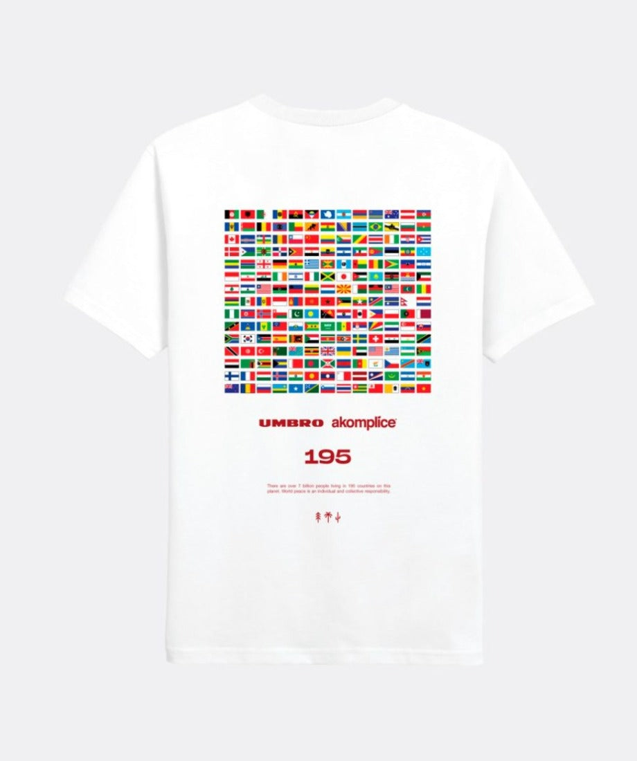 Back image of short sleeve white t-shirt with screen printed image of 195 flags from countries of the world text underneath graphic reads ' Umbro , Akomplice 195 there are over 7 billion people living in 195 countries on this planet. World peace is an individual and collective responsibility'.
