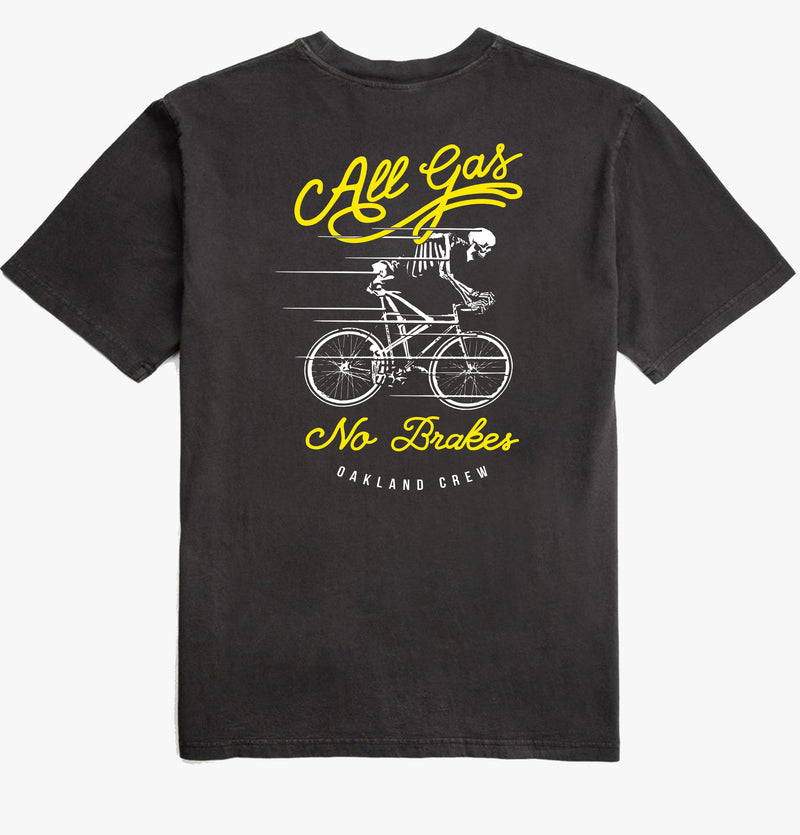 Back of black t-shirt with All Gas No Breaks, Oakland Crew design with a skeleton riding a bike.