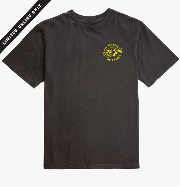 A black t-shirt with small round All Gas No Breaks round logo on left wear side chest.