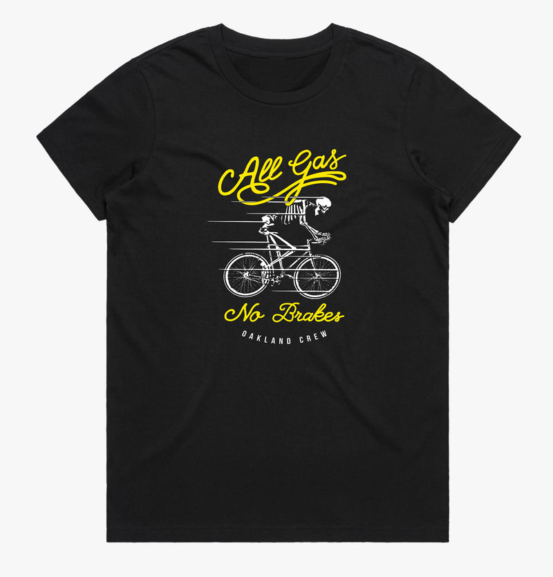 Black t-shirt with yellow and white All Gas No Breaks Oakland Crew skeleton riding a bike graphic.