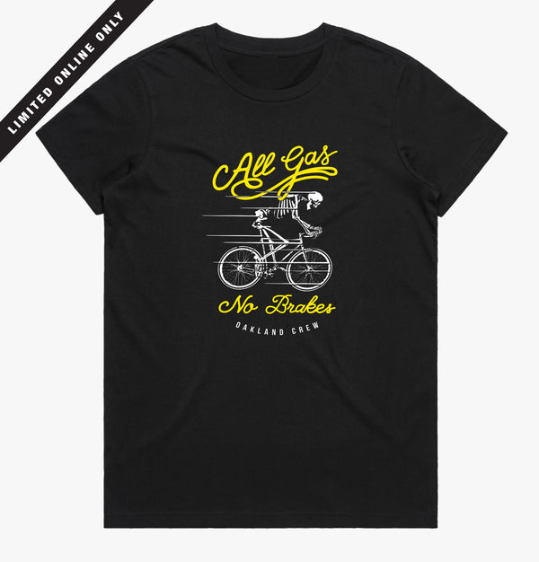 Black t-shirt with yellow and white All Gas No Breaks Oakland Crew skeleton riding a bike graphic.