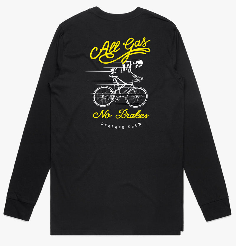 Back of long sleeve black t-shirt with a large, All Gas No Breaks graphic with a skeleton riding a bike.