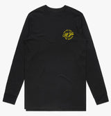 Long sleeve black t-shirt with small round All Gas No Breaks round logo on left wear side chest.