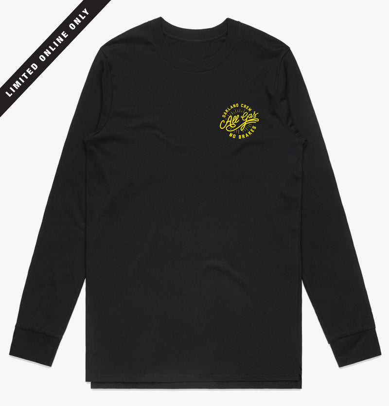 Long sleeve black t-shirt with small round All Gas No Breaks round logo on left wear side chest.